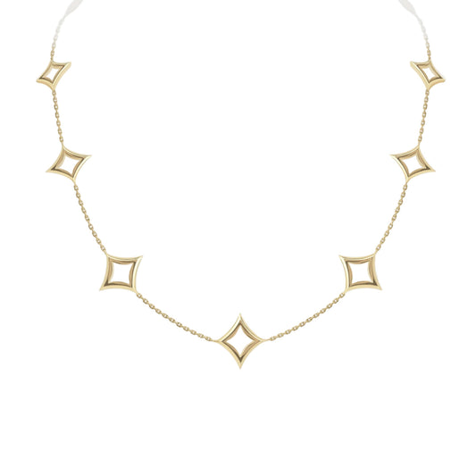 Gold necklace with star-shaped pendants on a light gray background