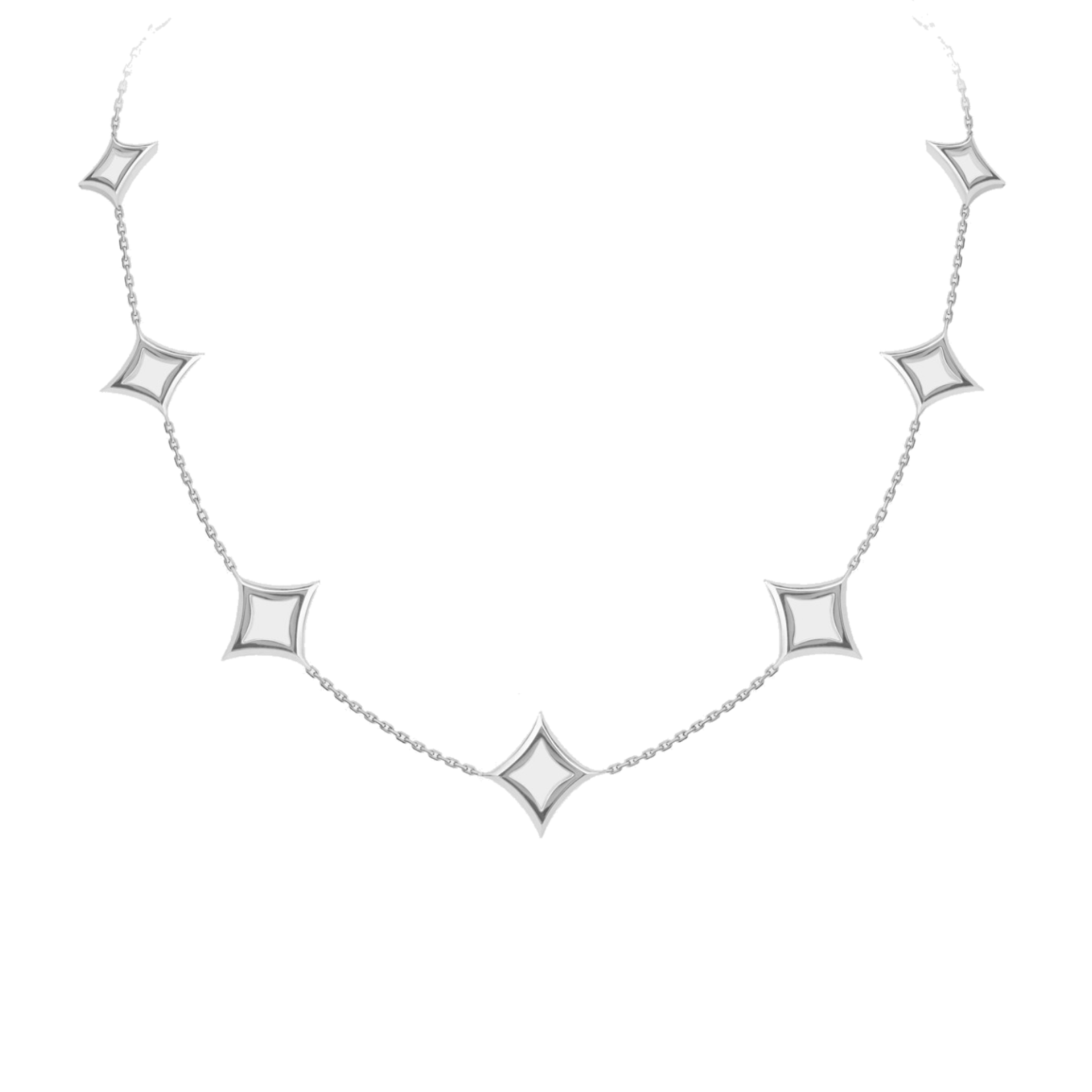 White gold necklace with star-shaped pendants on a white background