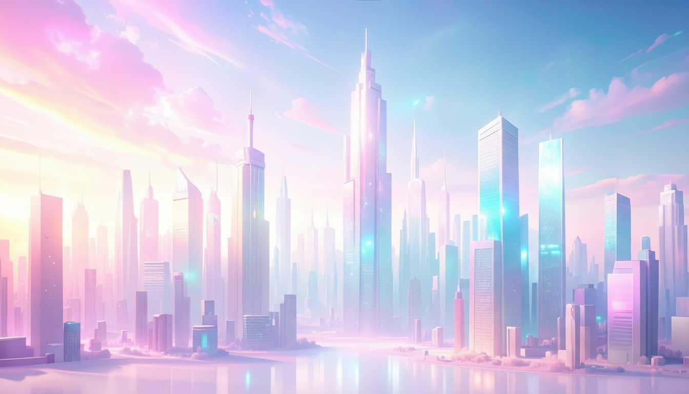 Futuristic cityscape of Duvai with tall buildings in pastel iridescent colors