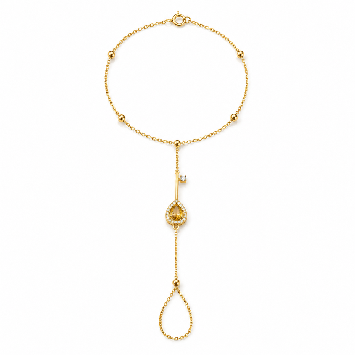 18k gold hand-chain bracelet with key motif and citrine