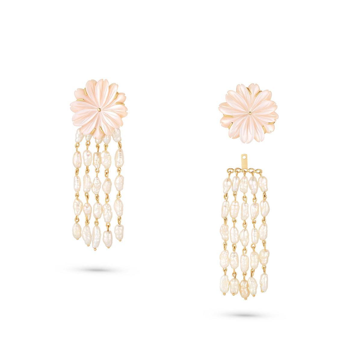 Pair of earrings with floral tops and pearl strands on a white background
