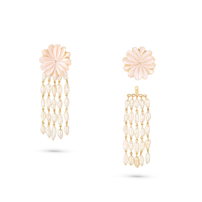 Pair of earrings with floral tops and pearl strands on a white background