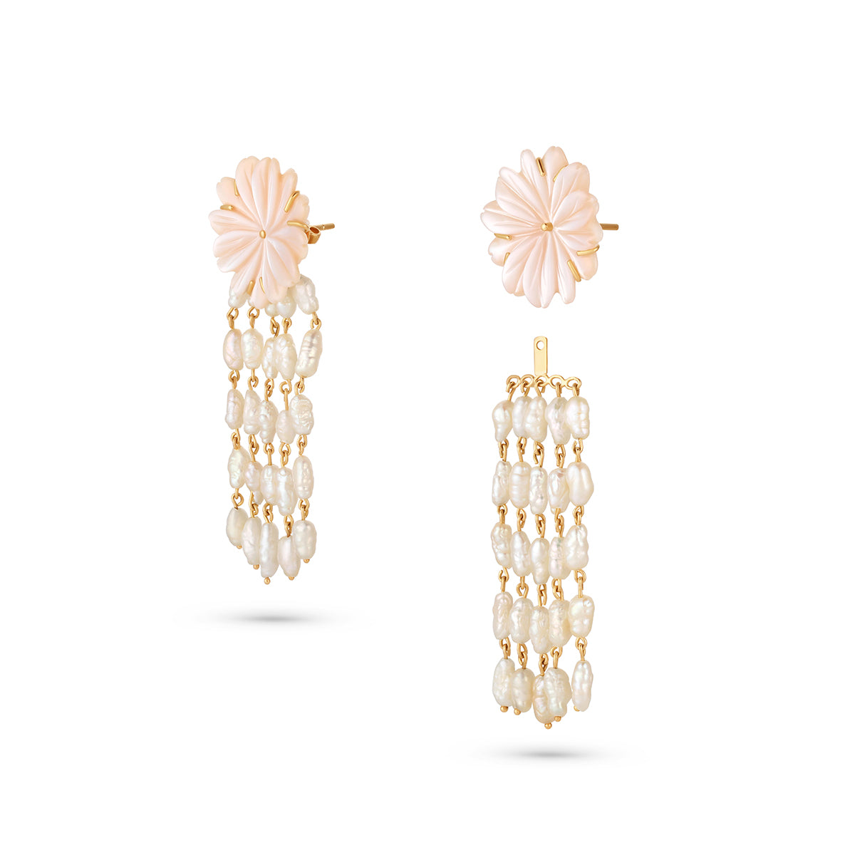 Pair of earrings with floral tops and pearl chains on a white background