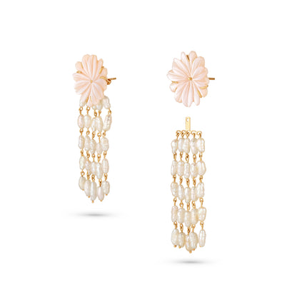 Pair of earrings with floral tops and pearl chains on a white background