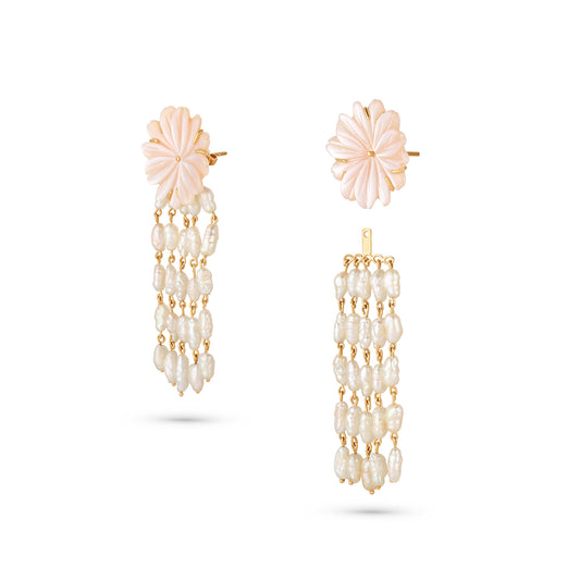 Pair of earrings with floral tops and pearl chains on a white background