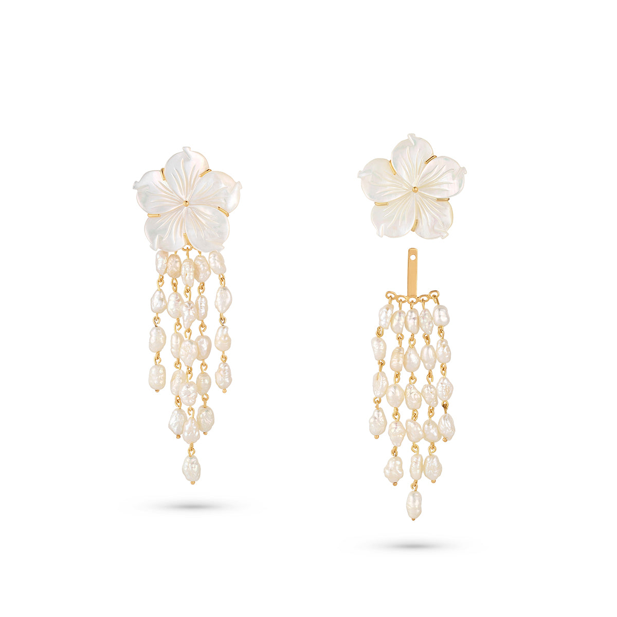 Pair of floral earrings with pearl drops on a white background
