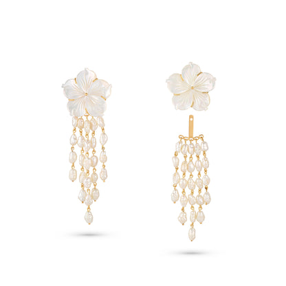 Pair of floral earrings with pearl drops on a white background