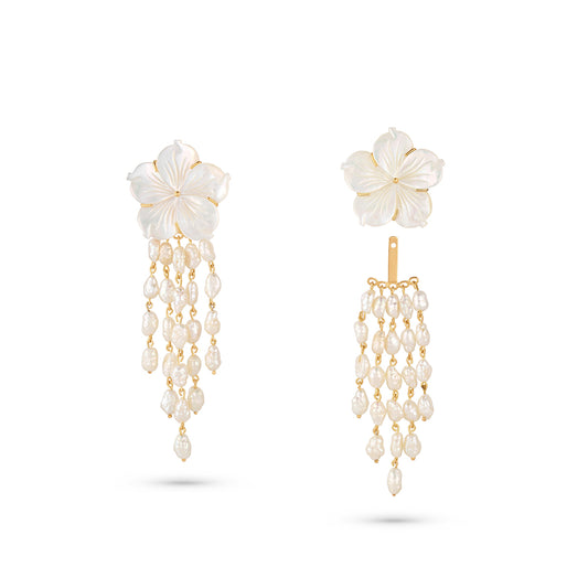Pair of floral earrings with pearl drops on a white background