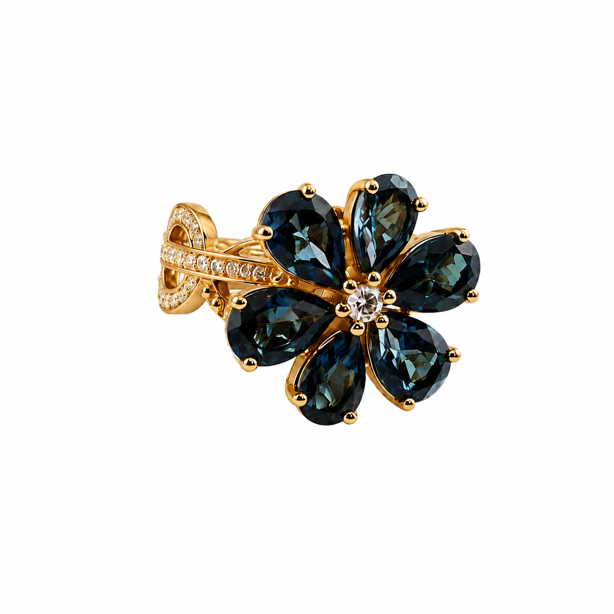 18k gold flower ring with London blue topaz