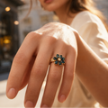 18k gold flower ring with London blue topaz, additional view