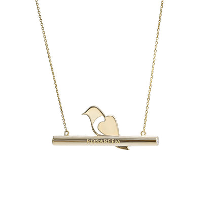 Back of gold necklace with a bird pendant on a white background