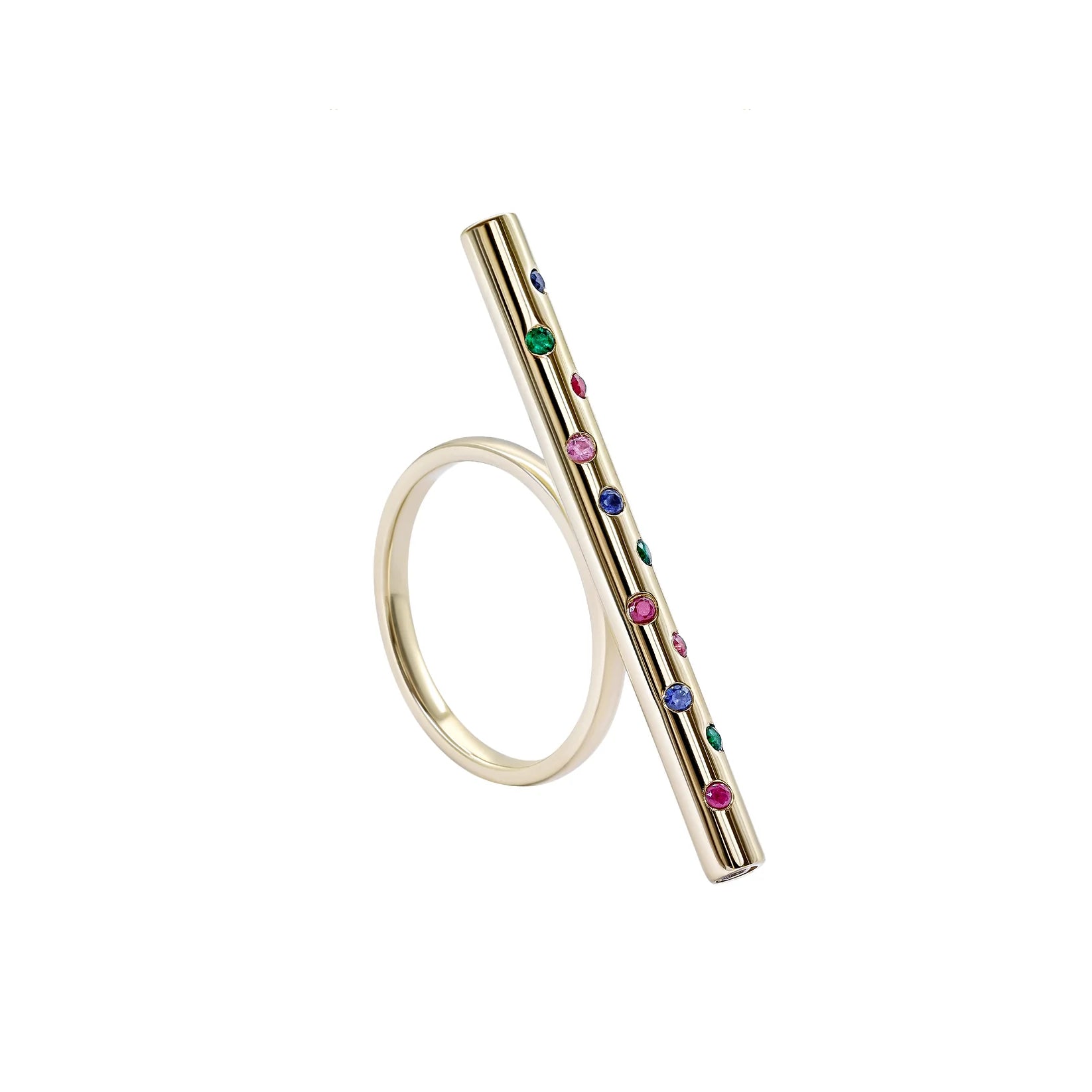 Gold ring with colorful gemstones on a white background