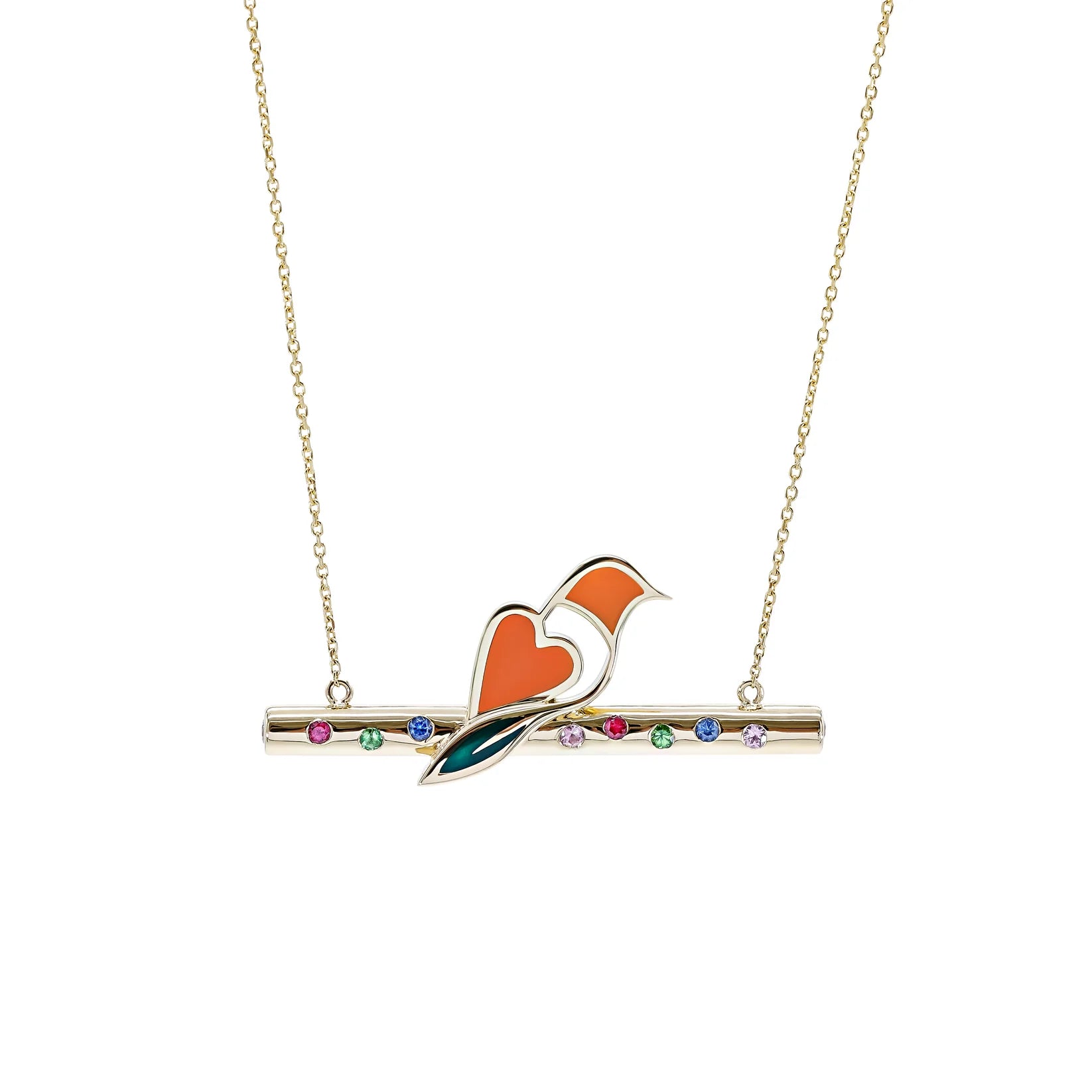Necklace with a bird and heart pendant on a white background