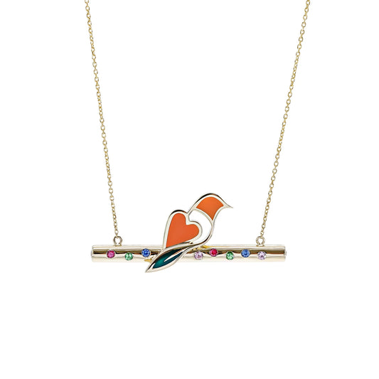 Necklace with a bird and heart pendant on a white background