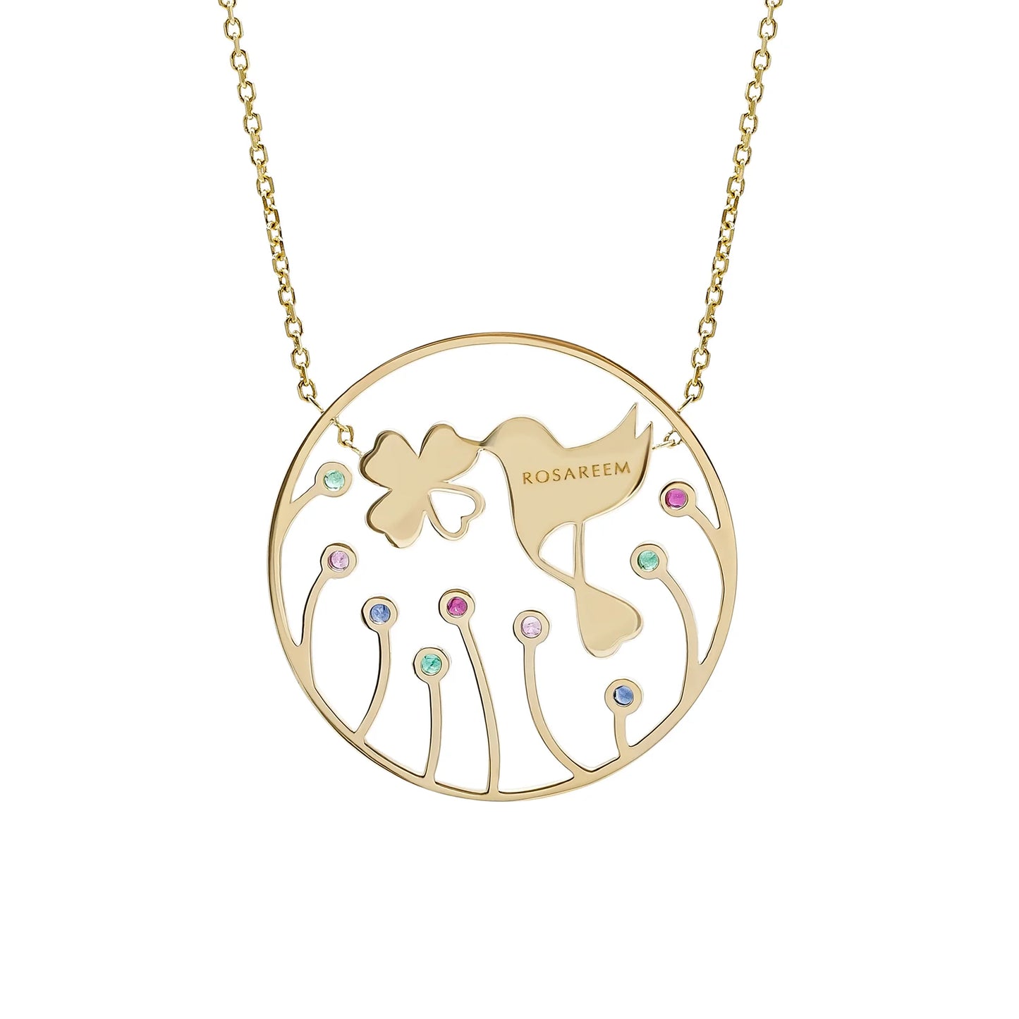 Gold necklace with a circular pendant featuring floral designs and 'ROSAREEM' branding.