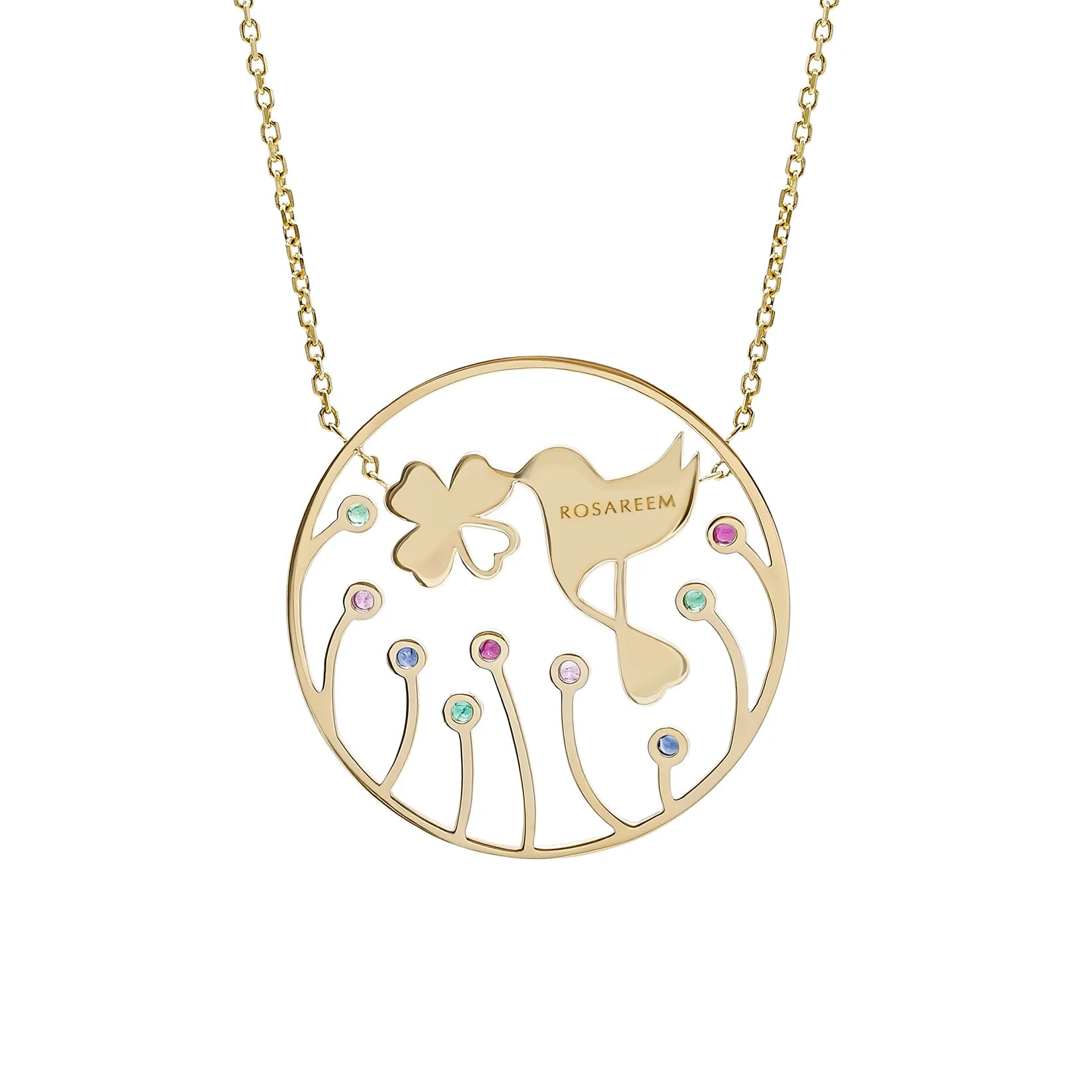 Gold necklace with a circular pendant featuring floral designs and 'ROSAREEM' branding.
