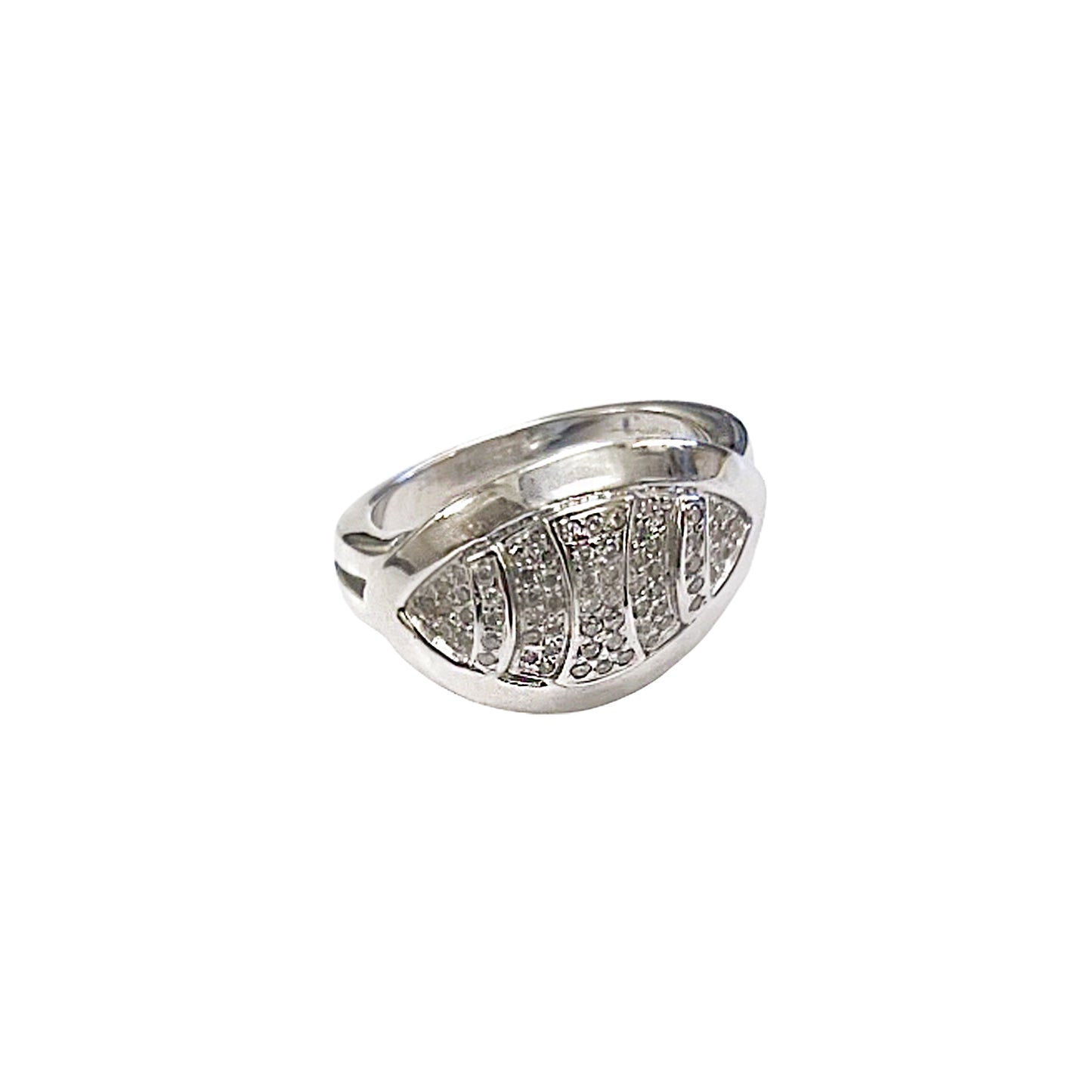 White gold ring with diamond accents on a white background