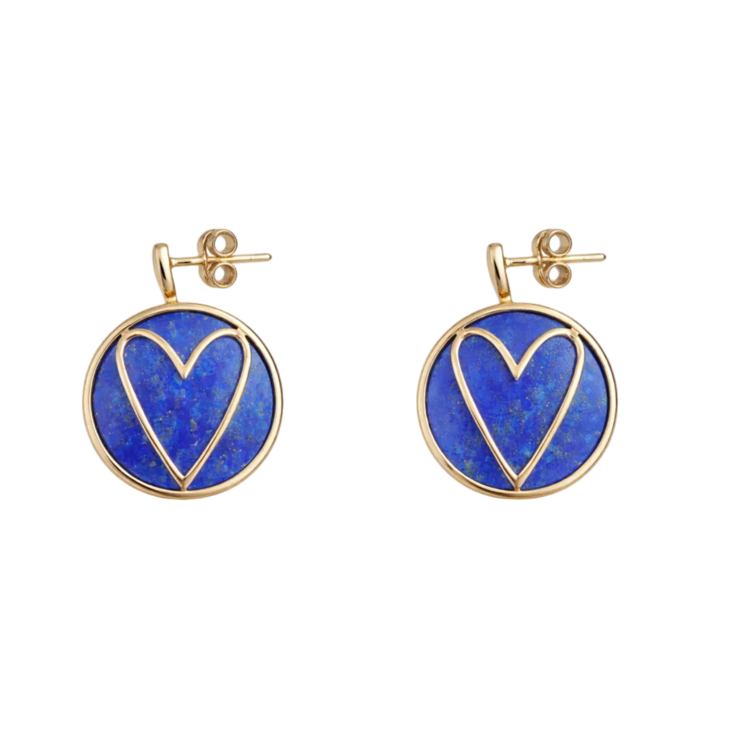 Gold earrings with blue heart-shaped stones on a white background
