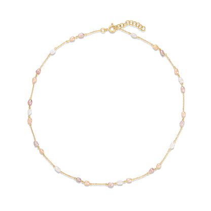 Gold necklace with pearls on a white background