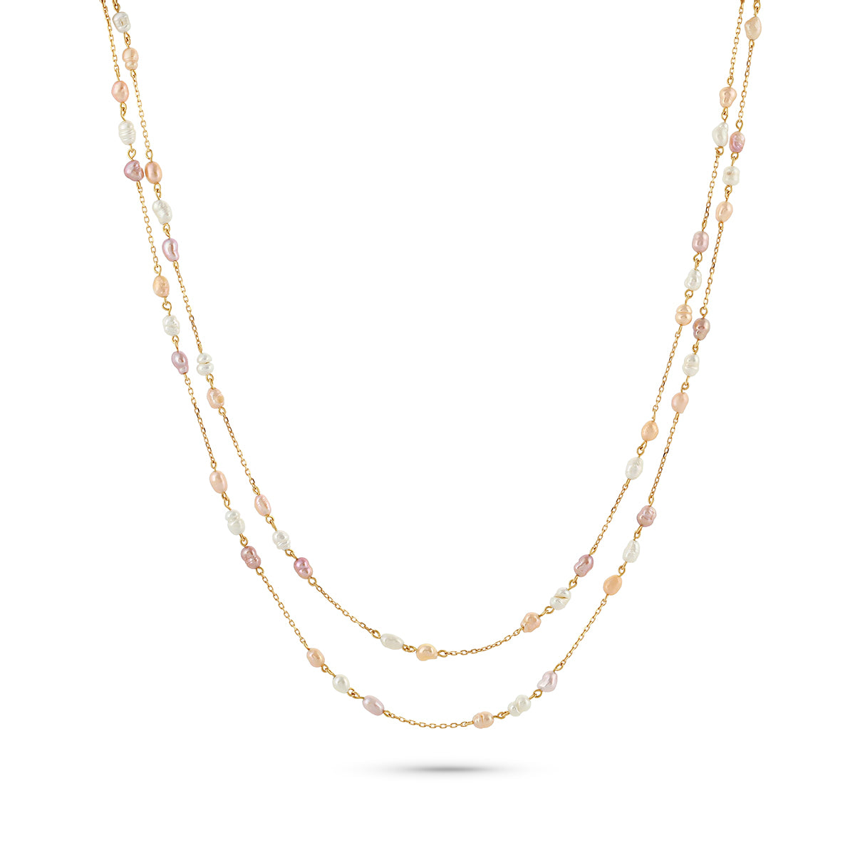 Two-layered necklace with multicolored pearls on a white background