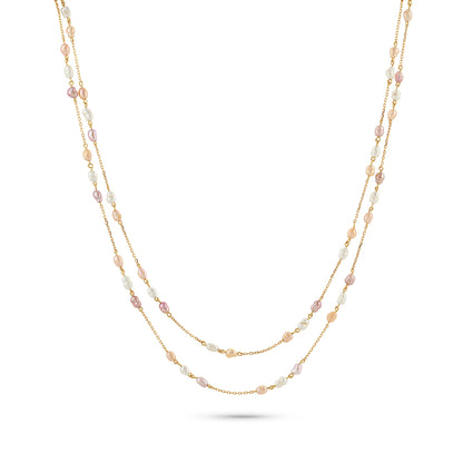 Two-layered necklace with multicolored pearls on a white background
