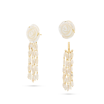 Pair of earrings with rose-shaped tops and pearl chains on a white background