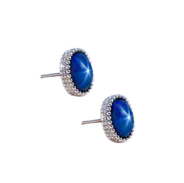 Pair of blue gemstone earrings on a white background