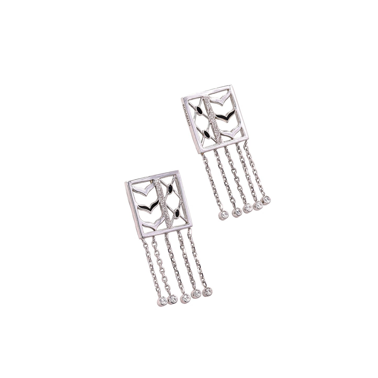 Pair of white gold earrings with chain designs on a white background