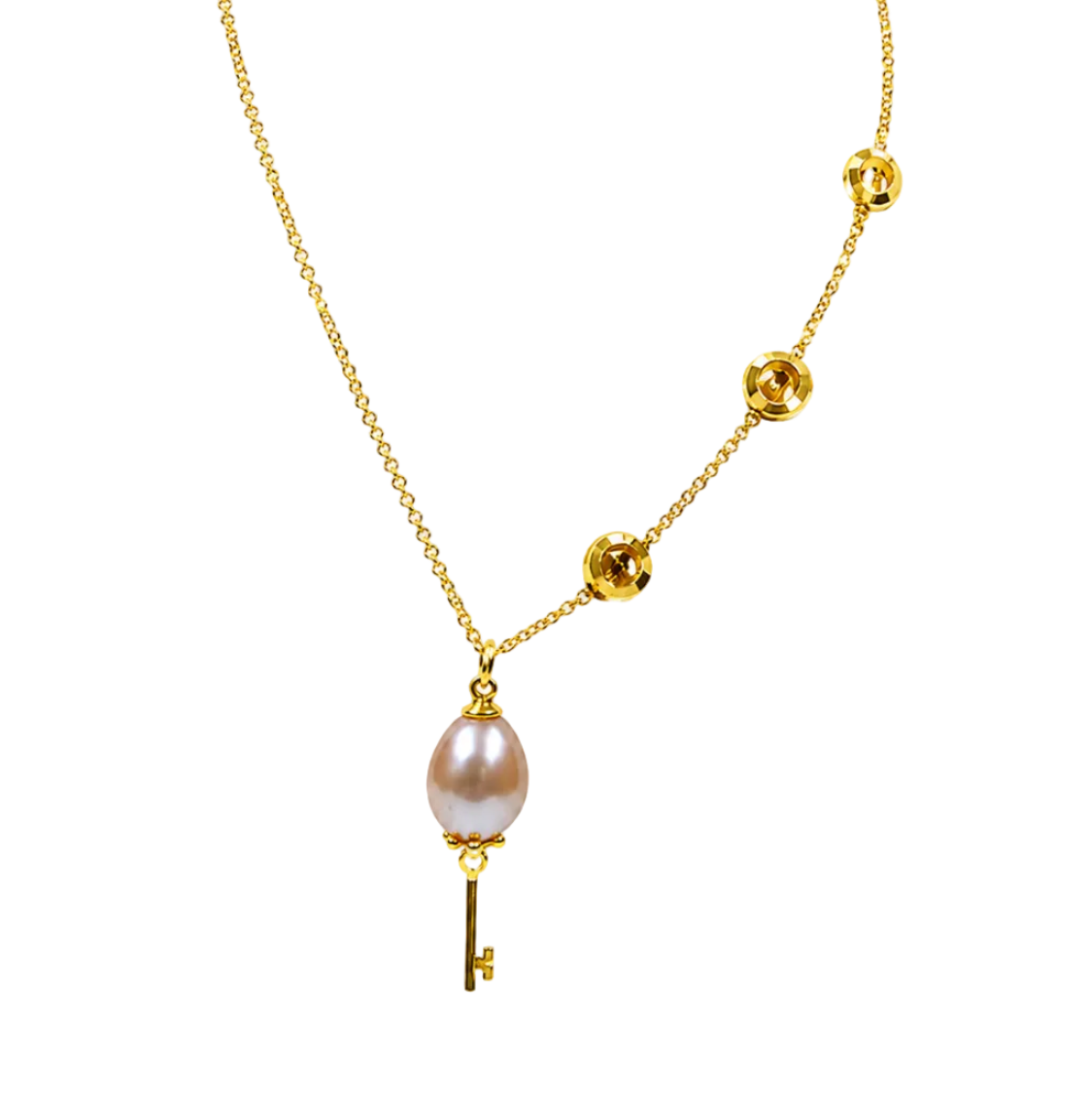 18k gold key-shaped necklace with pearl