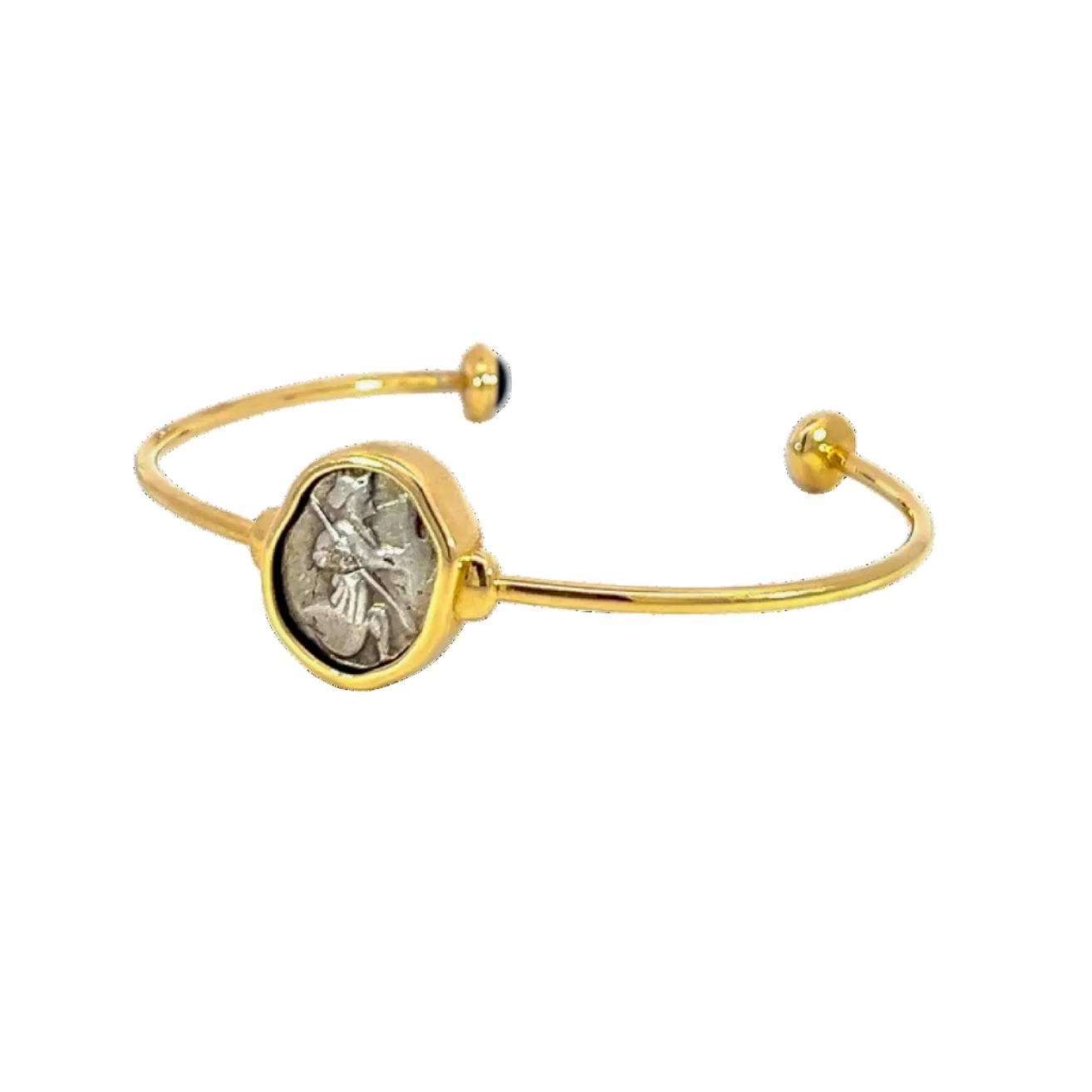 Gold bracelet with a coin charm on a white background