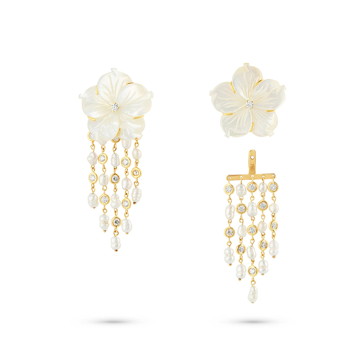 Pair of floral earrings with gold and pearl details on a white background
