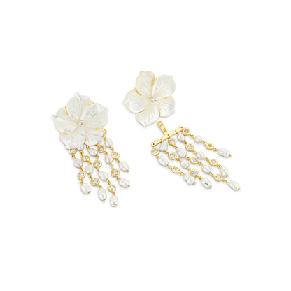Pair of floral earrings with gold and pearl details on a white background