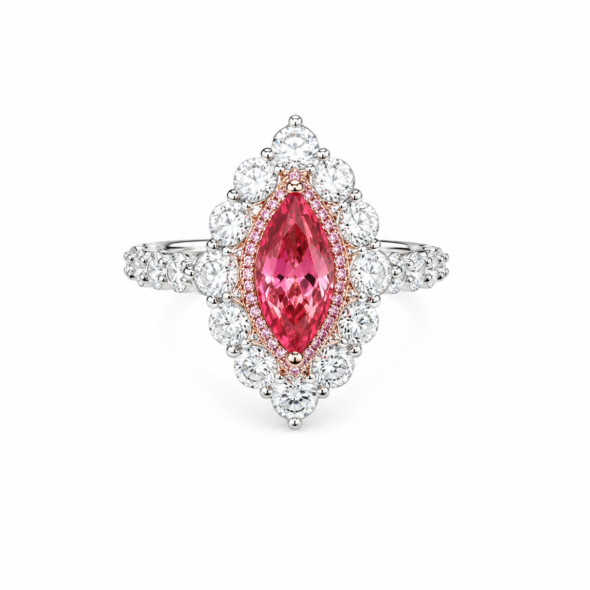 Gold Ring with a pink gemstone and diamond-studded band on a white background