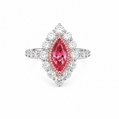 Gold Ring with a pink gemstone and diamond-studded band on a white background