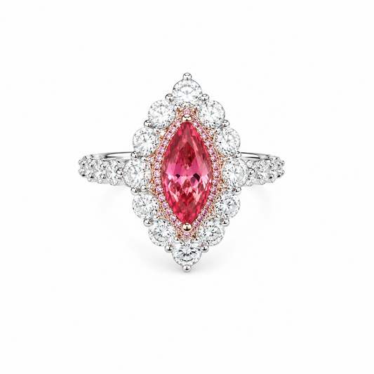 Gold Ring with a pink gemstone and diamond-studded band on a white background