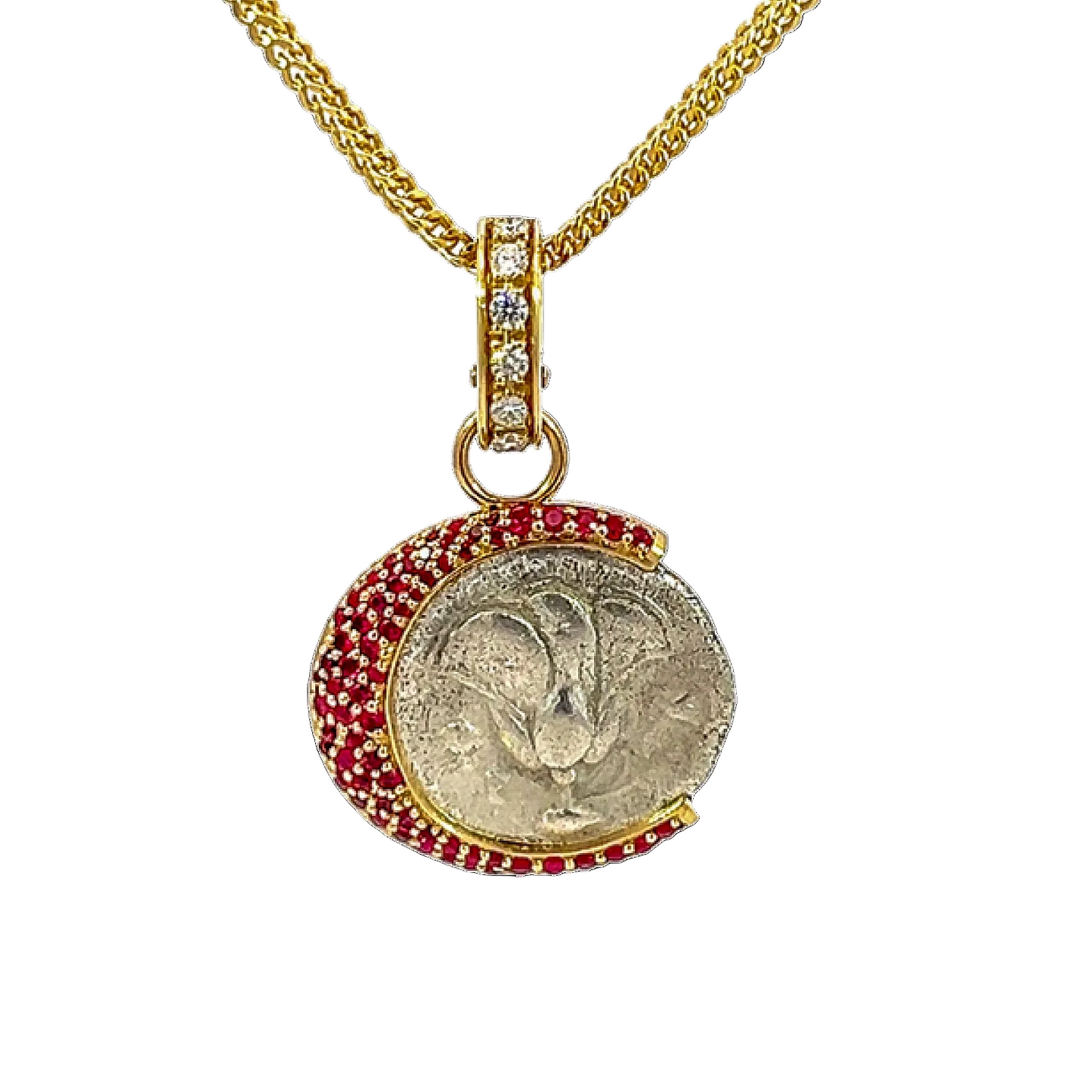 Gold necklace with a coin pendant featuring red stones on a white background