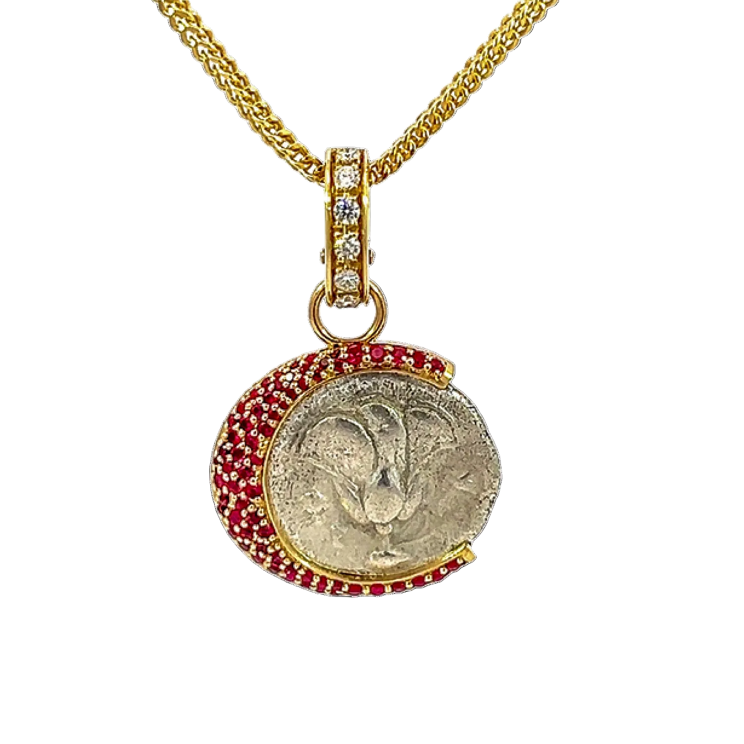 Gold necklace with a coin pendant featuring red stones on a white background