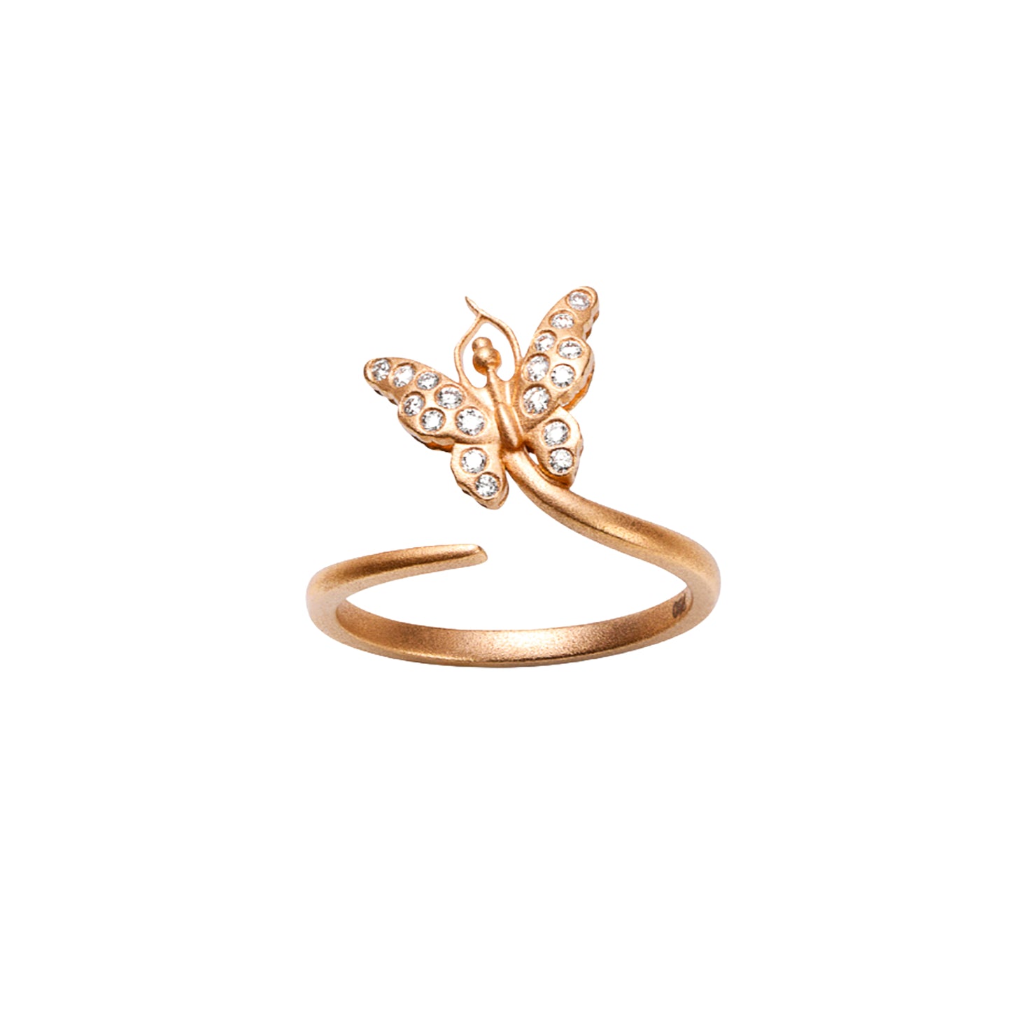 Rose gold butterfly ring with gemstones on a white background