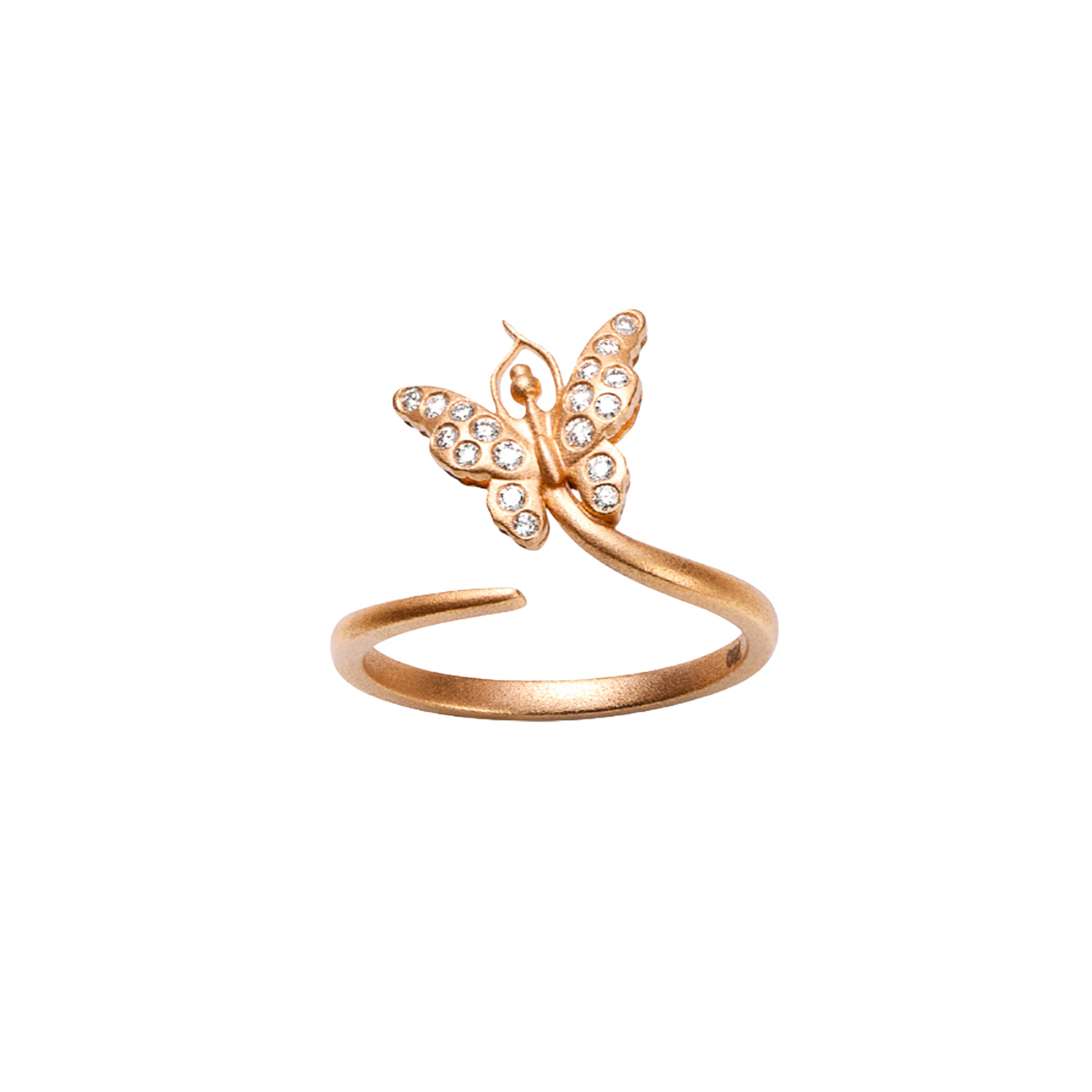 Rose gold butterfly ring with gemstones on a white background
