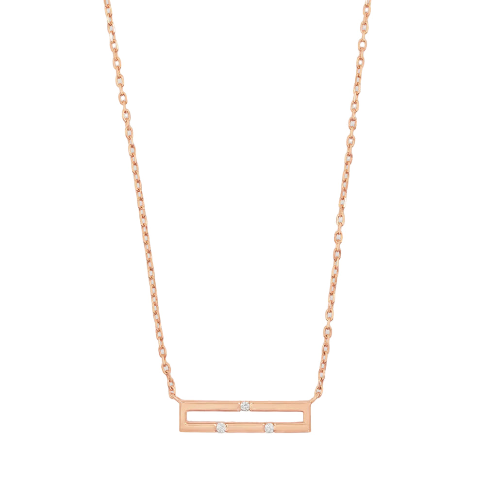 Rose gold necklace with a horizontal bar pendant on a white background