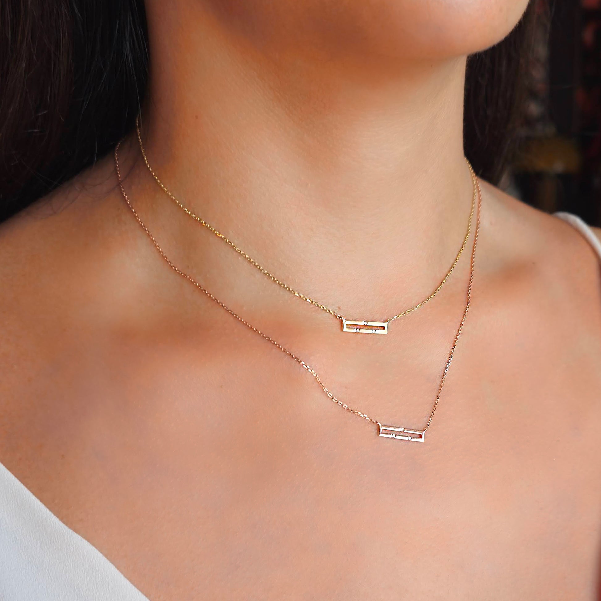 Two gold necklaces with bar pendants on a person's neck.
