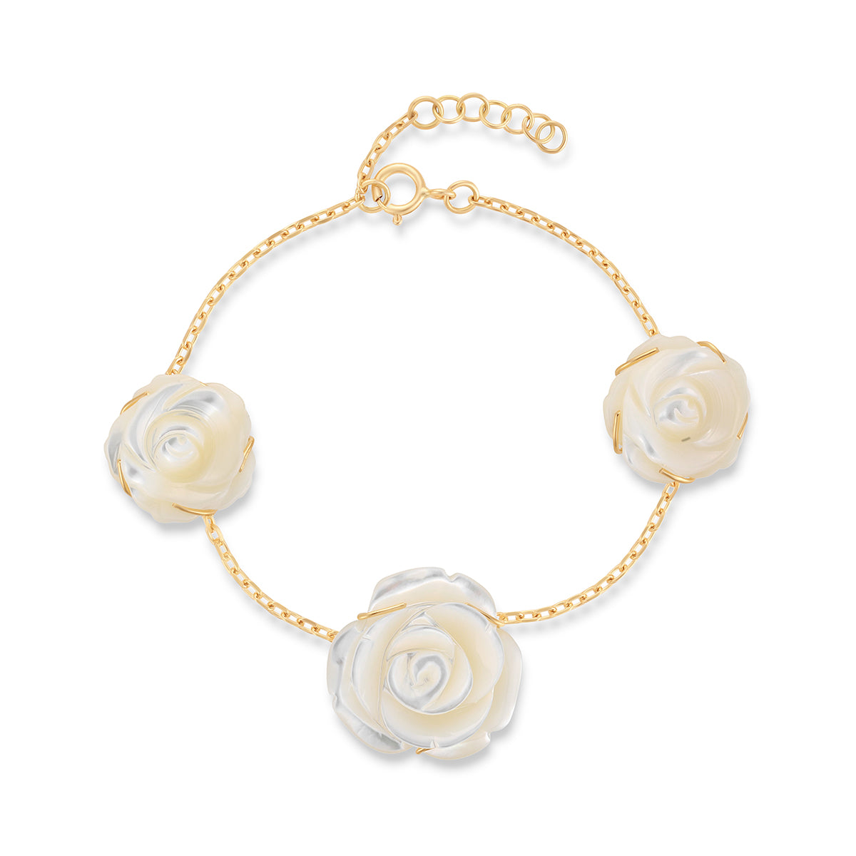 Bracelet with white rose-shaped charms on a gold chain against a white background