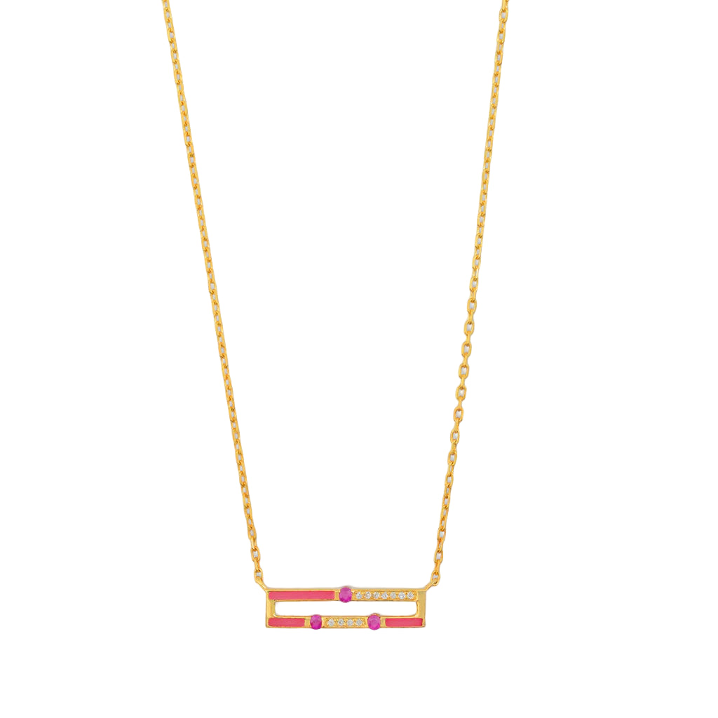 Gold necklace with a rectangular pink pendant on a white background