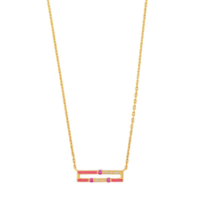 Gold necklace with a rectangular pink pendant on a white background