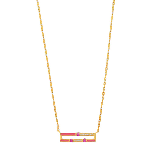 Gold necklace with a rectangular pink pendant on a white background