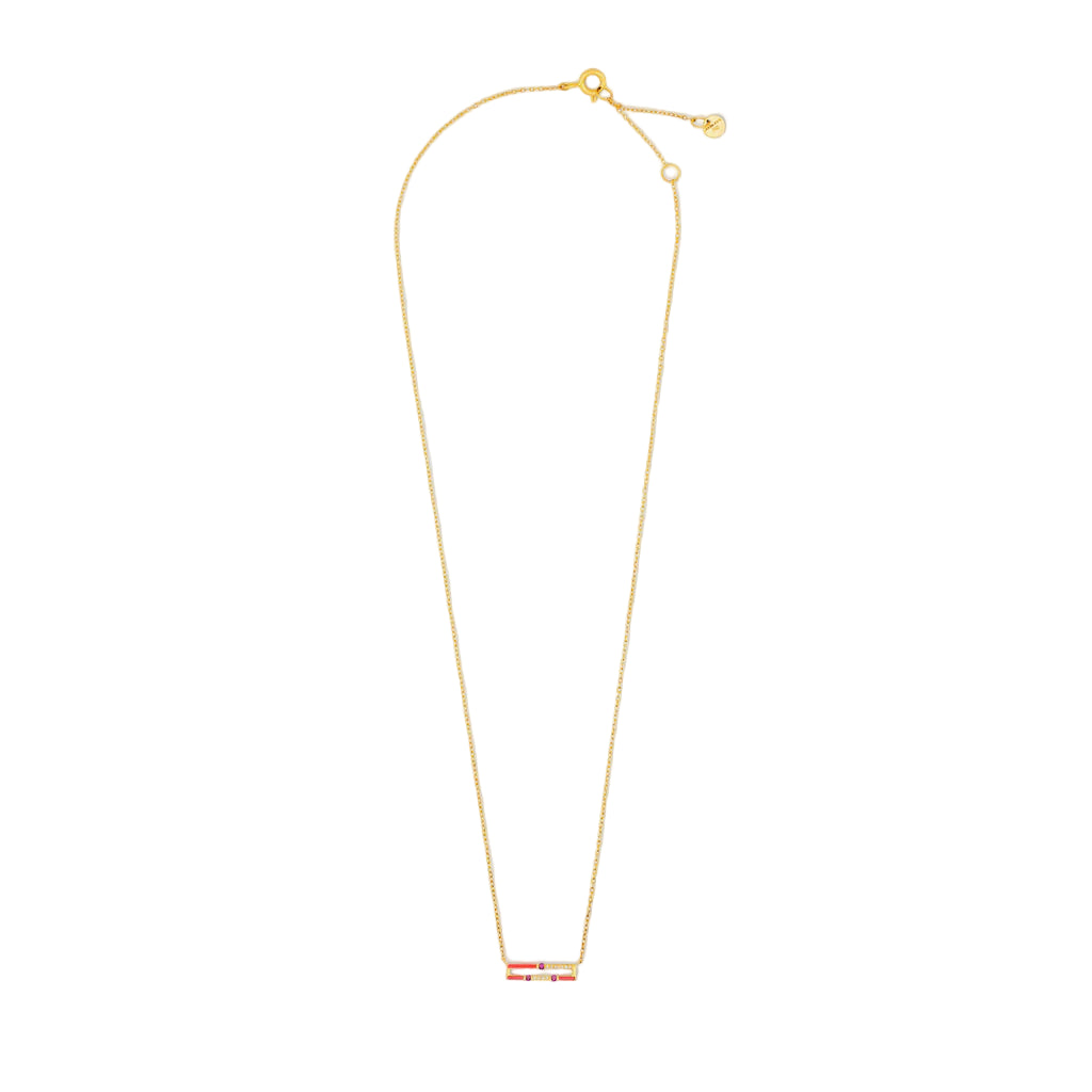 Gold necklace with a small pendant on a white background
