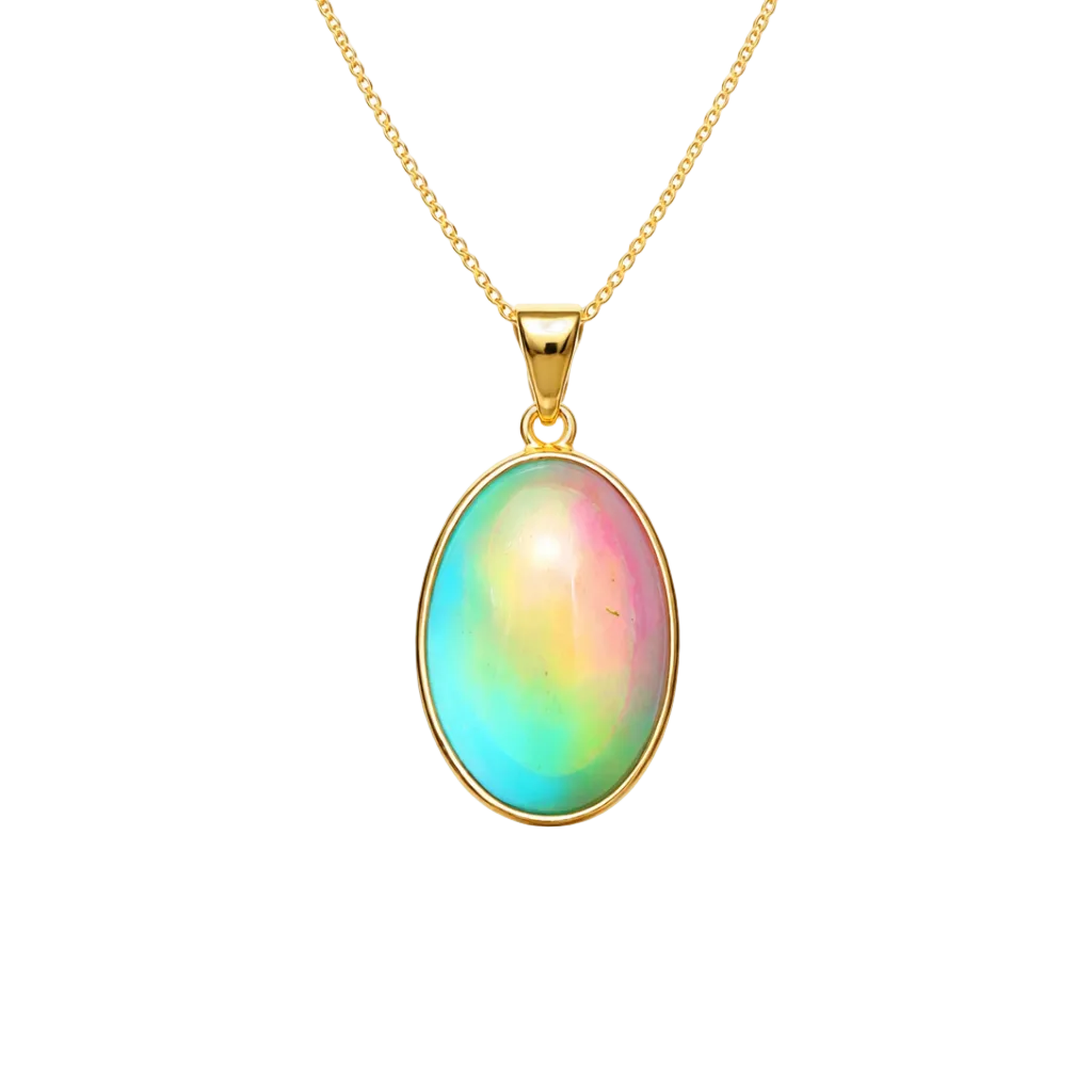 Gold necklace with a colorful pendant on a white background