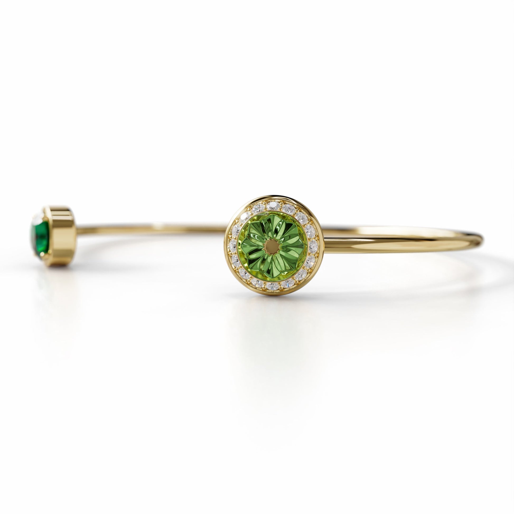 18k yellow gold bangle with verdelite, diamond halo, and green enamel, additional view