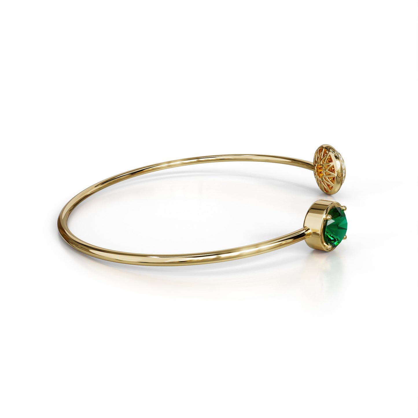 18k yellow gold bangle with verdelite, diamond halo, and green enamel, additional view