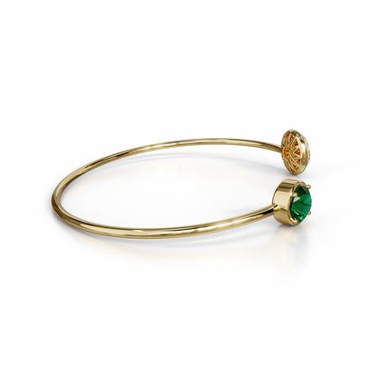 18k yellow gold bangle with verdelite, diamond halo, and green enamel, additional view